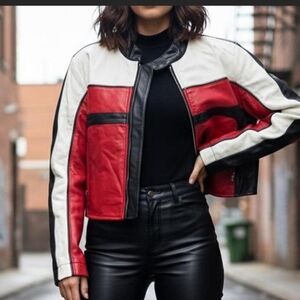 Windsor Cropped Leather Moto Jacket In Red, Black and White. Size SMALL